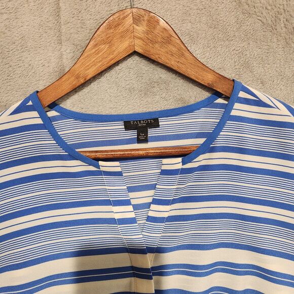 Talbots Blue White Striped Semi Sheer Split Neck Roll Tab Sleeve Blouse Size LP - Picture 2 of 10
